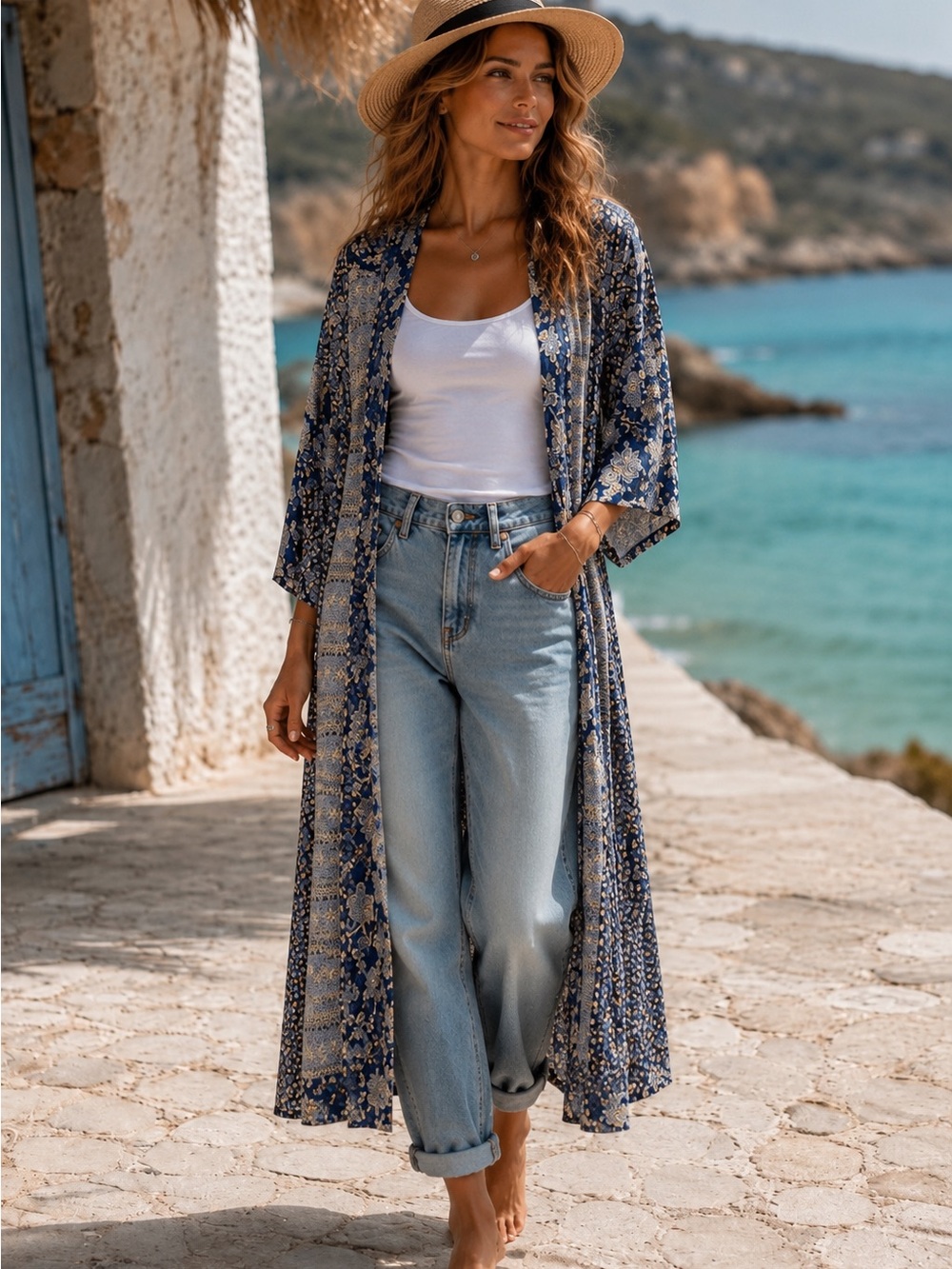 NEW Romantic Gypsy Women's Boho Chic Navy Floral Longline Kimono Cover-up Sz 3X